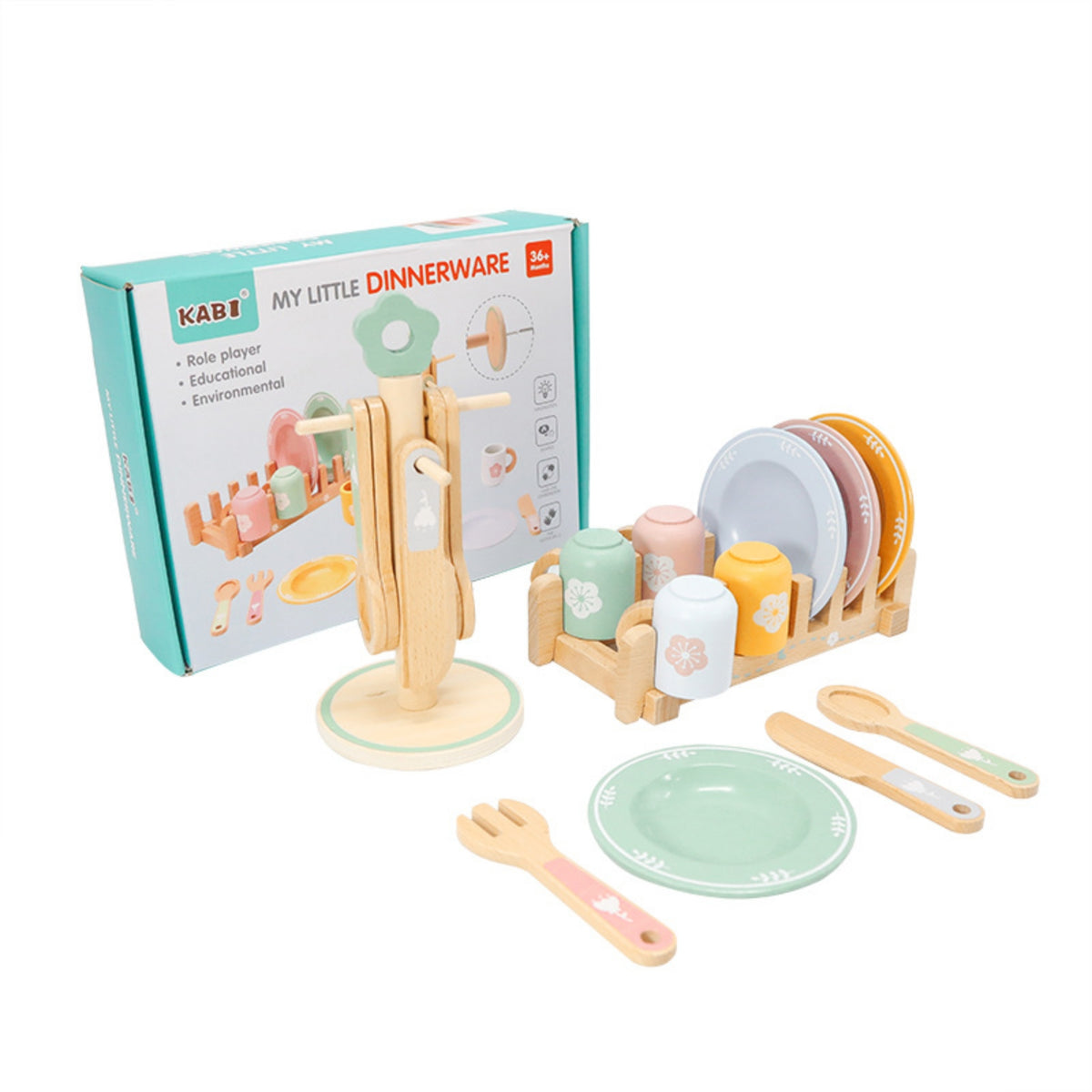 Wooden Dinnerware Set Pastel Painted Play Tableware Set Smooth Rounded Edges Wooden Kitchen Accessories for Kids