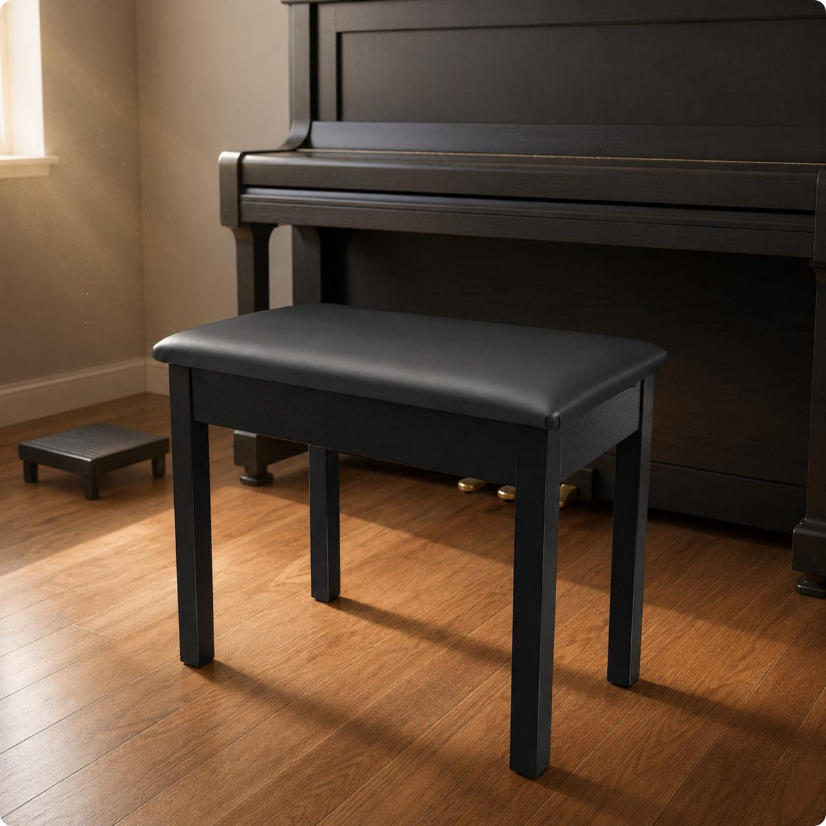 Padded Piano Stool Square Legs Music Seat Dark Wood Tone Finish
