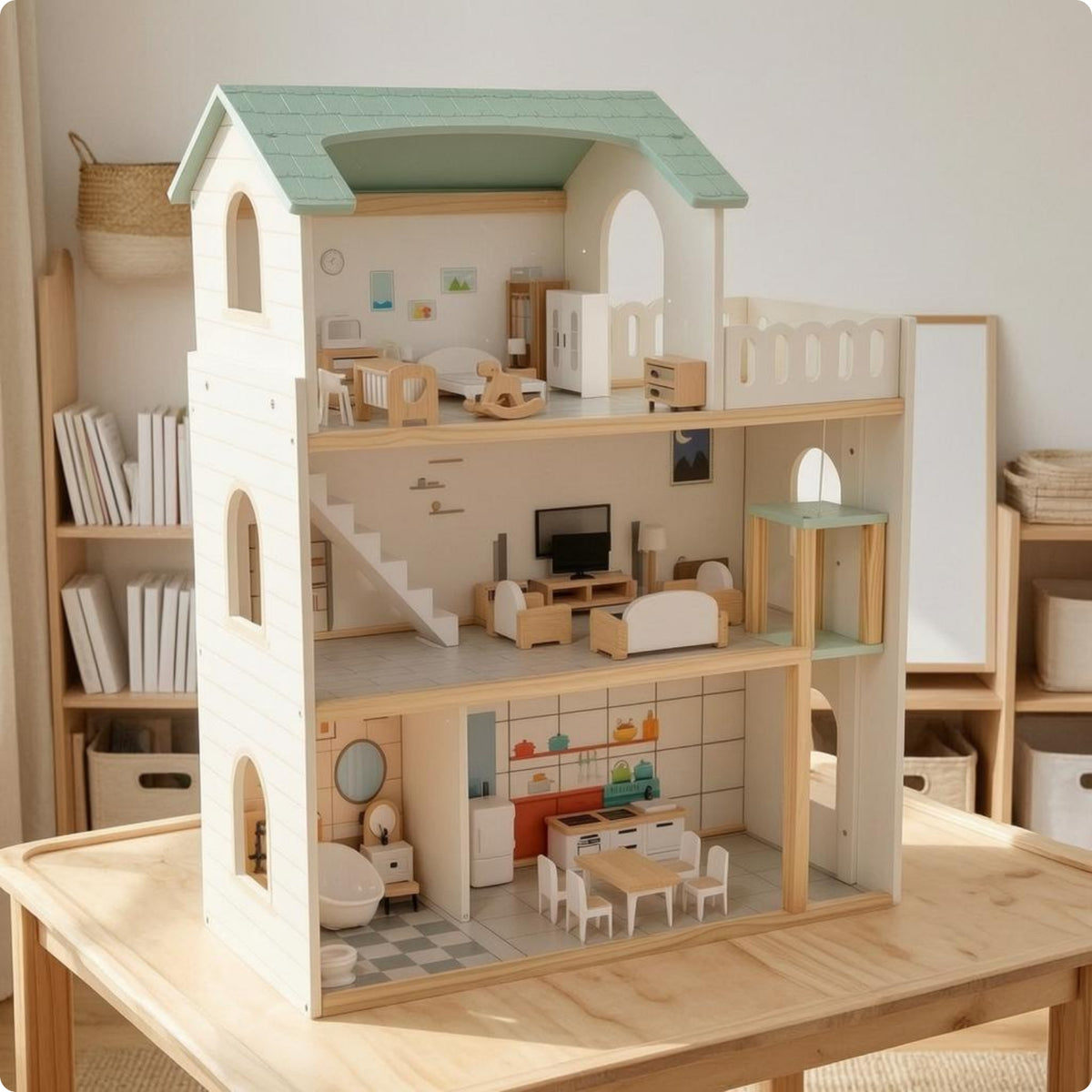 Multi Level Dollhouse Miniature Furniture Furnished Doll House Role Playing Wooden Play House for Children
