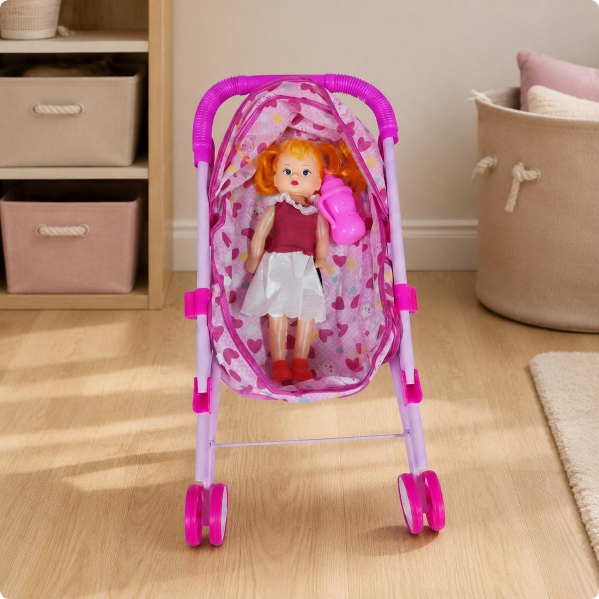 Rose-Colored Doll Carriage Metal Frame Toy Pram Curved Handle for Pretend Play