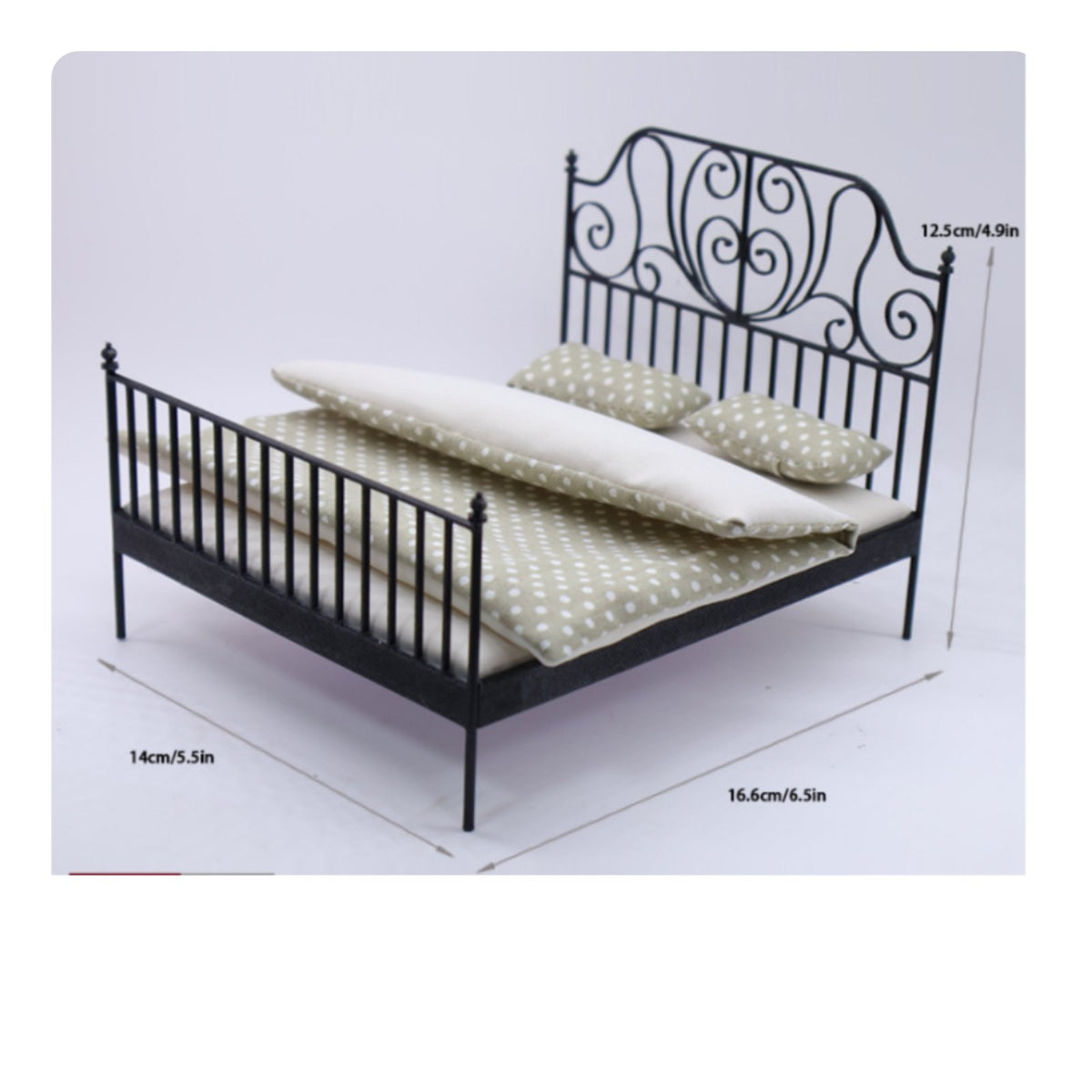 Wrought Iron Design Doll Bed Includes Bedding 1:12 Scale Bed for Collectors
