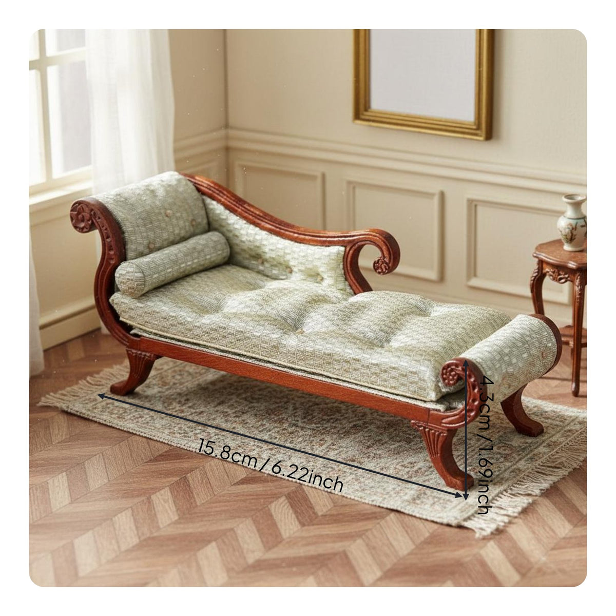 Miniature Long Seat Hand-Sewn 1:12 Scale Fainting Couch Vintage Style Dollhouse Daybed for Collectors, Hobbyists, Diorama