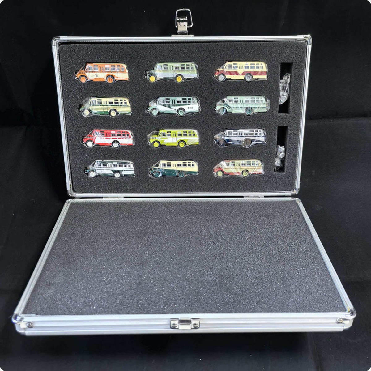 12 Pieces 1/110 Scale Bus Model Realistic Details Mini Bus Model Display Case with aluminum storage case for Collectors
