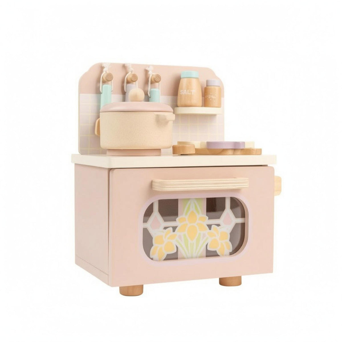 Wooden Play Kitchen Floral Window Mini Toy Cooker Compact for Playroom