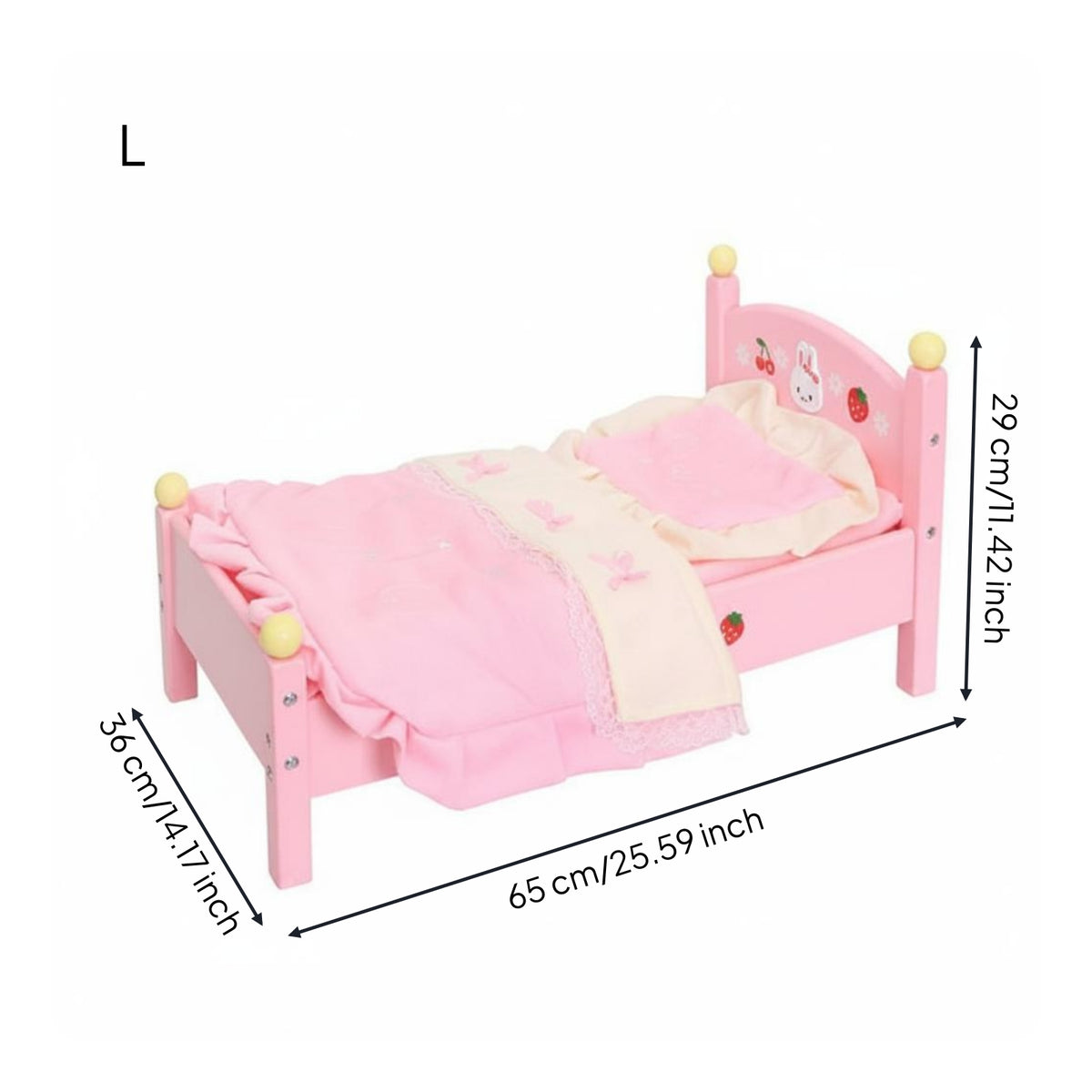 Pink Wooden Doll Bed Curved Headboard Pretend Play Bed Four-Post Small Furniture Strawberry and Rabbit Print for Children
