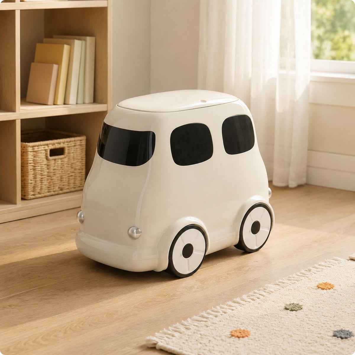 Cartoon Bus Trash Can Dualcompartment Lidded Waste Container Wheel-And