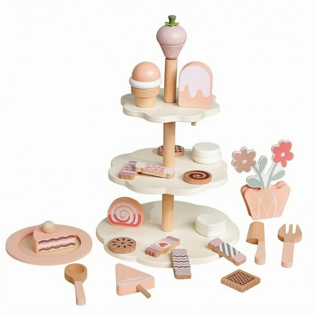 Wooden Dessert Stand Toy Rounded Edges Pretend Tea Time Set Printed Details