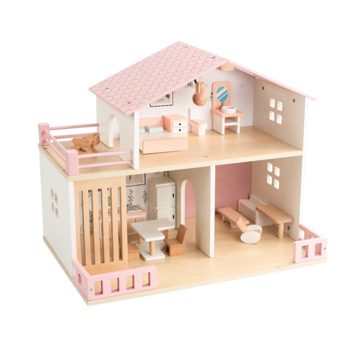 Wooden Dollhouse Balcony Railings Two-Story Dollhouse Realistic Details Children's Play Home