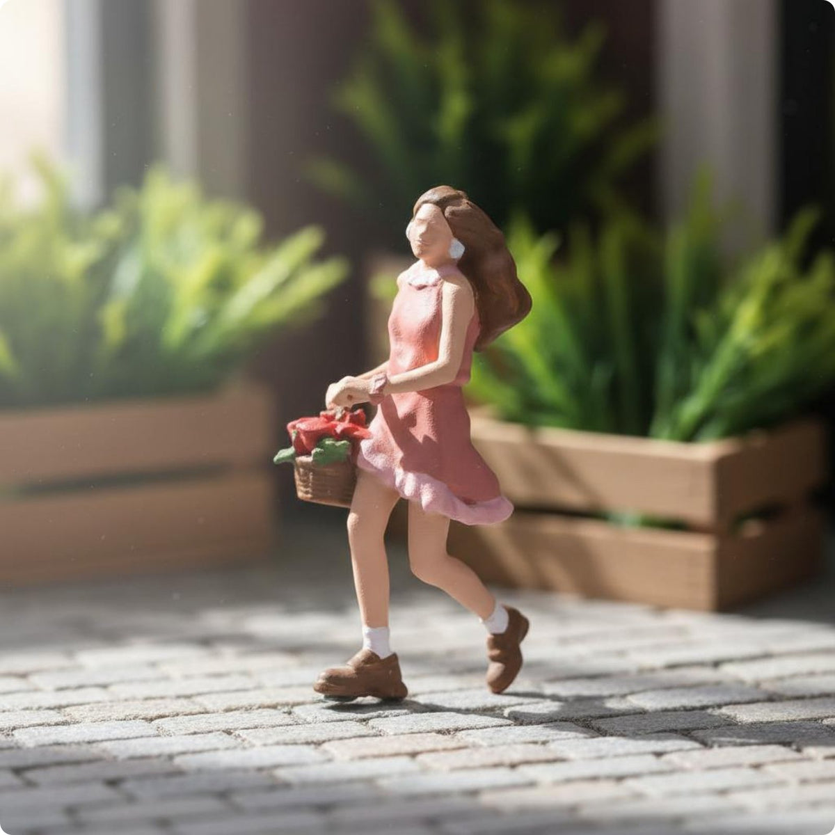 1/64 Scale Pink Dress Miniature Girl Hand Painted running Girl Figurine Collectible Gift Miniature Figure for Collectors