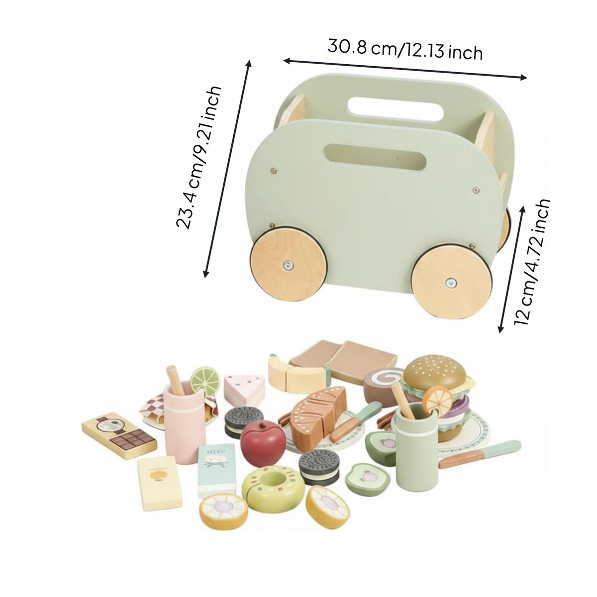 31 Pieces Wooden Food Truck Playset Great Gift Wooden Picnic Cart Set Kids Play Wood Snack Cart for Playroom