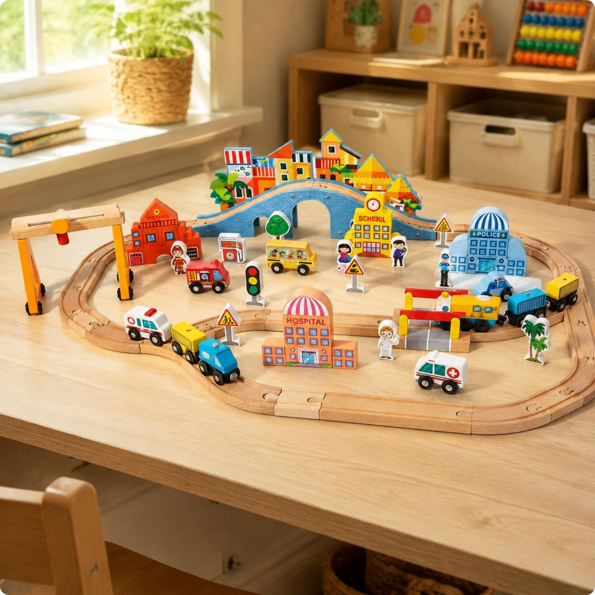Electric Toy Train Set Educational Wood Train Track and Buildings Set Imaginative Play Wooden Railway Playset for Young Children, Playroom, Preschool