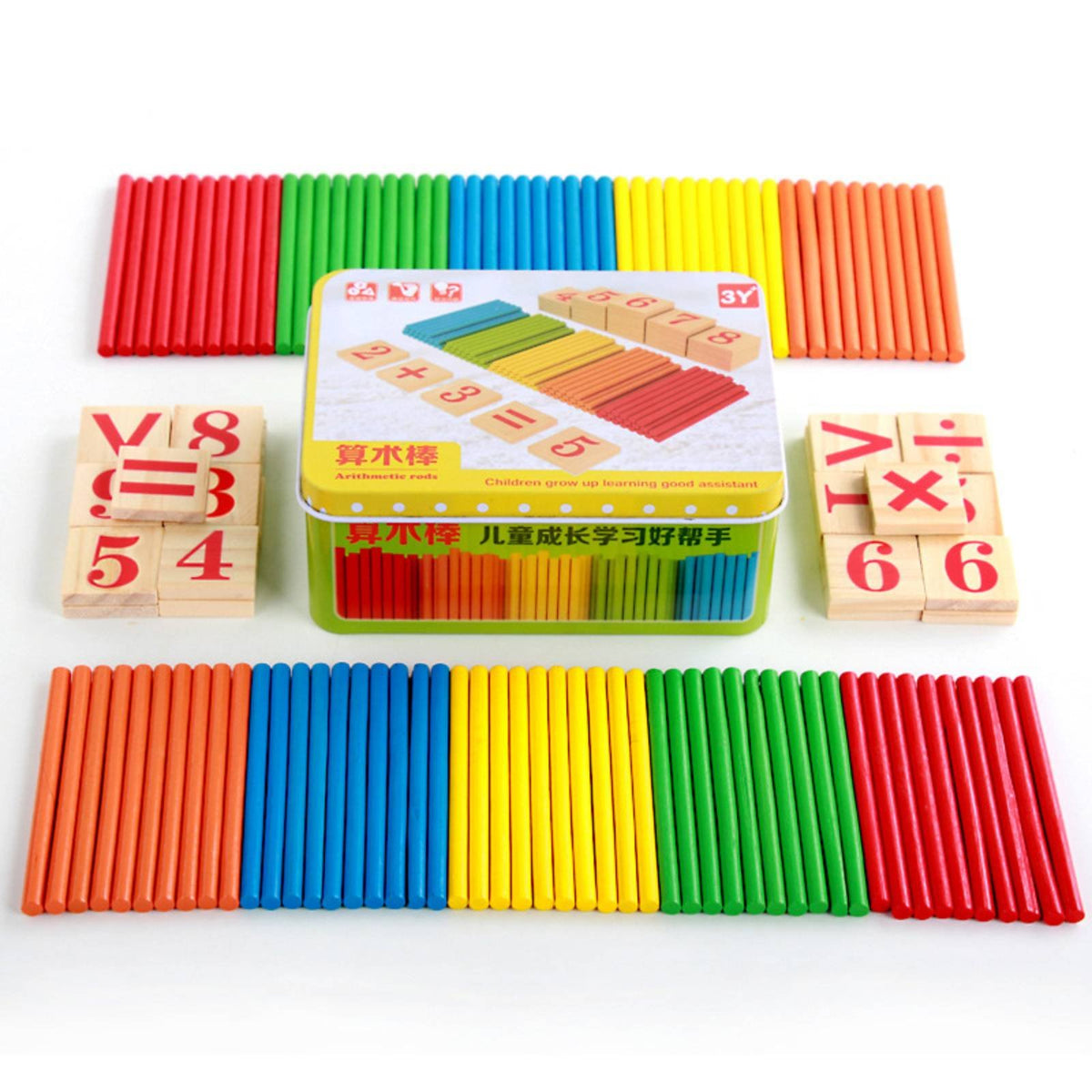 Arithmetic Rod Set Wooden Counting Sticks Set Storage Tin Box Learning Aid for Preschoolers