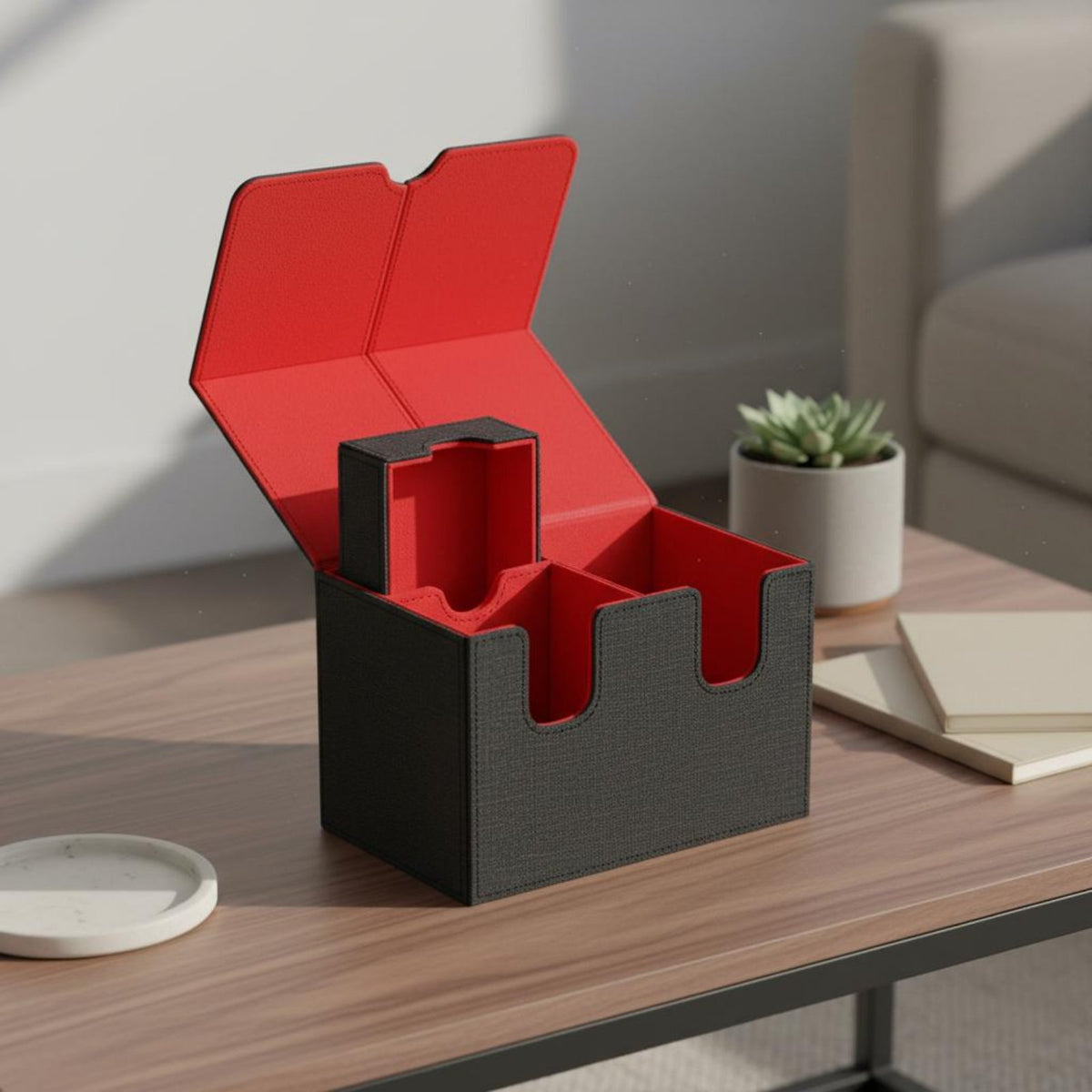 Leader Deck Box Wear-Resistant Leader Deck Box with Dice Tray Secure Card Organizer with Dividers Non-Slip Exterior