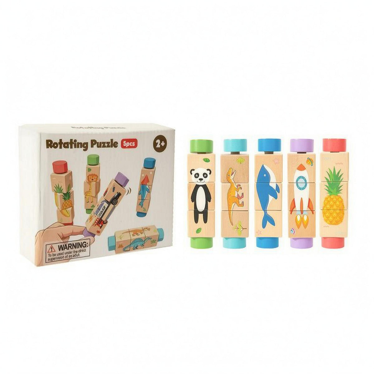 5 Pieces Wooden Rotating Puzzle Multicolor Cylindrical Block Puzzle Imagination
