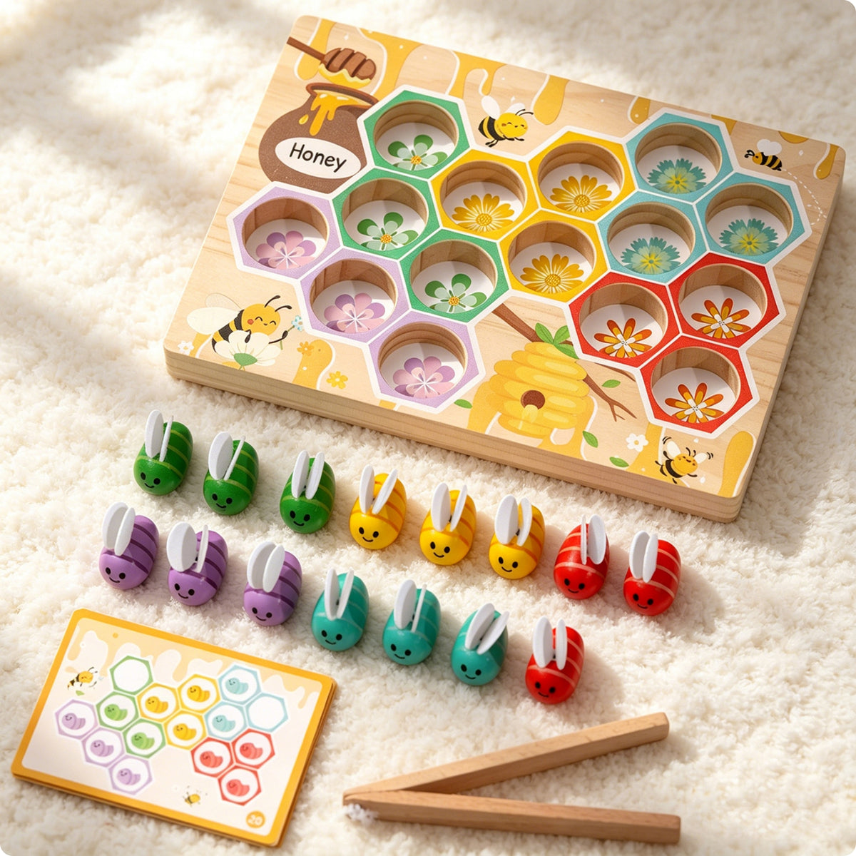 Wooden Bee Gripper Toy Hand-Eye Coordination Wooden Bee Matching Game Early Learning Child-Centered Counting Toy for Preschoolers, Toddlers, Classroom