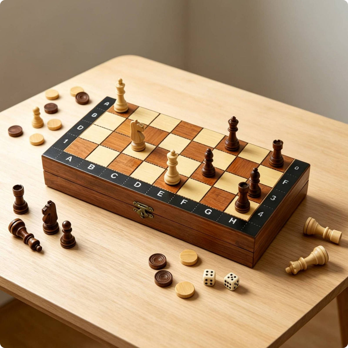 Wooden 3-in-1 Game Box Compact 3 in 1 Wooden Chess Set Rectangular