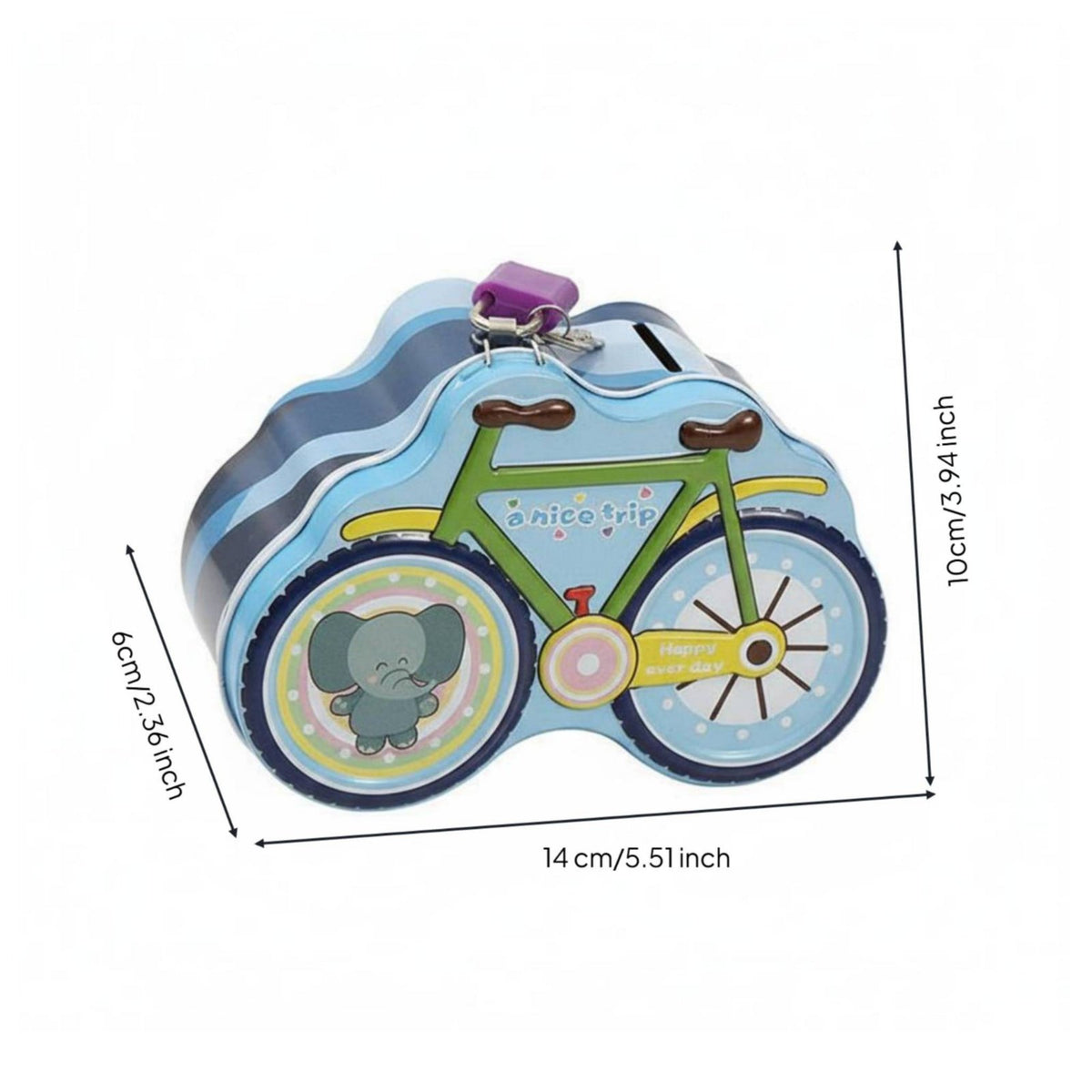 Cycle Shaped Piggy Bank Great Gift Idea Cartoon Change Bank with Lock Promotes Saving Routines Lockable Animal Tin for Kids, Children