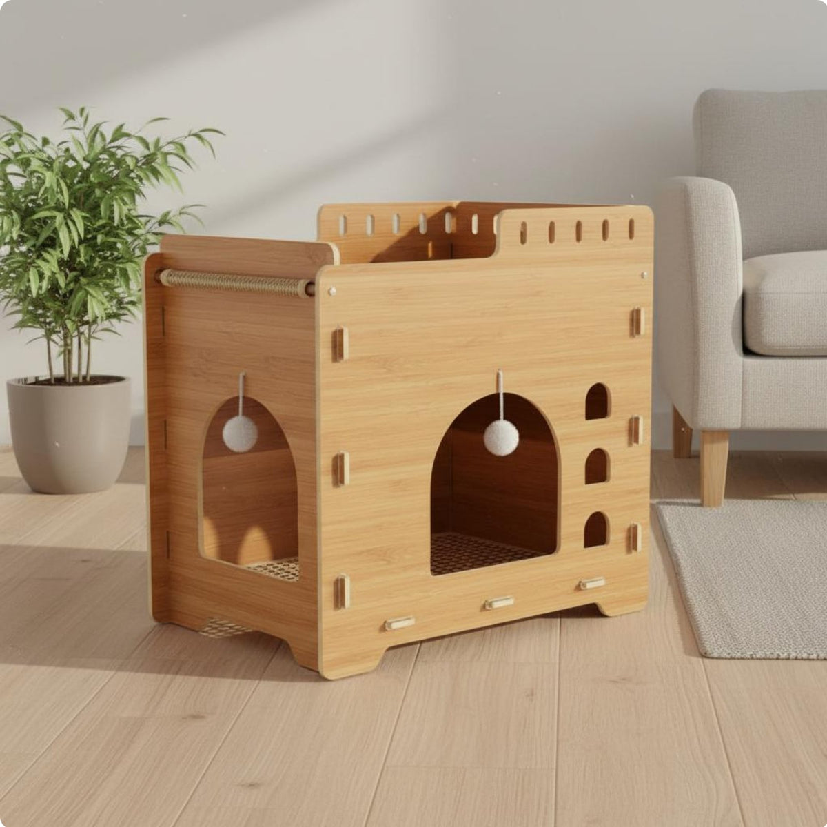 Wooden Cat Treehouse Scratcher Construction 2 Tier Cat House Easy Assembly Pet Furniture for Kittens