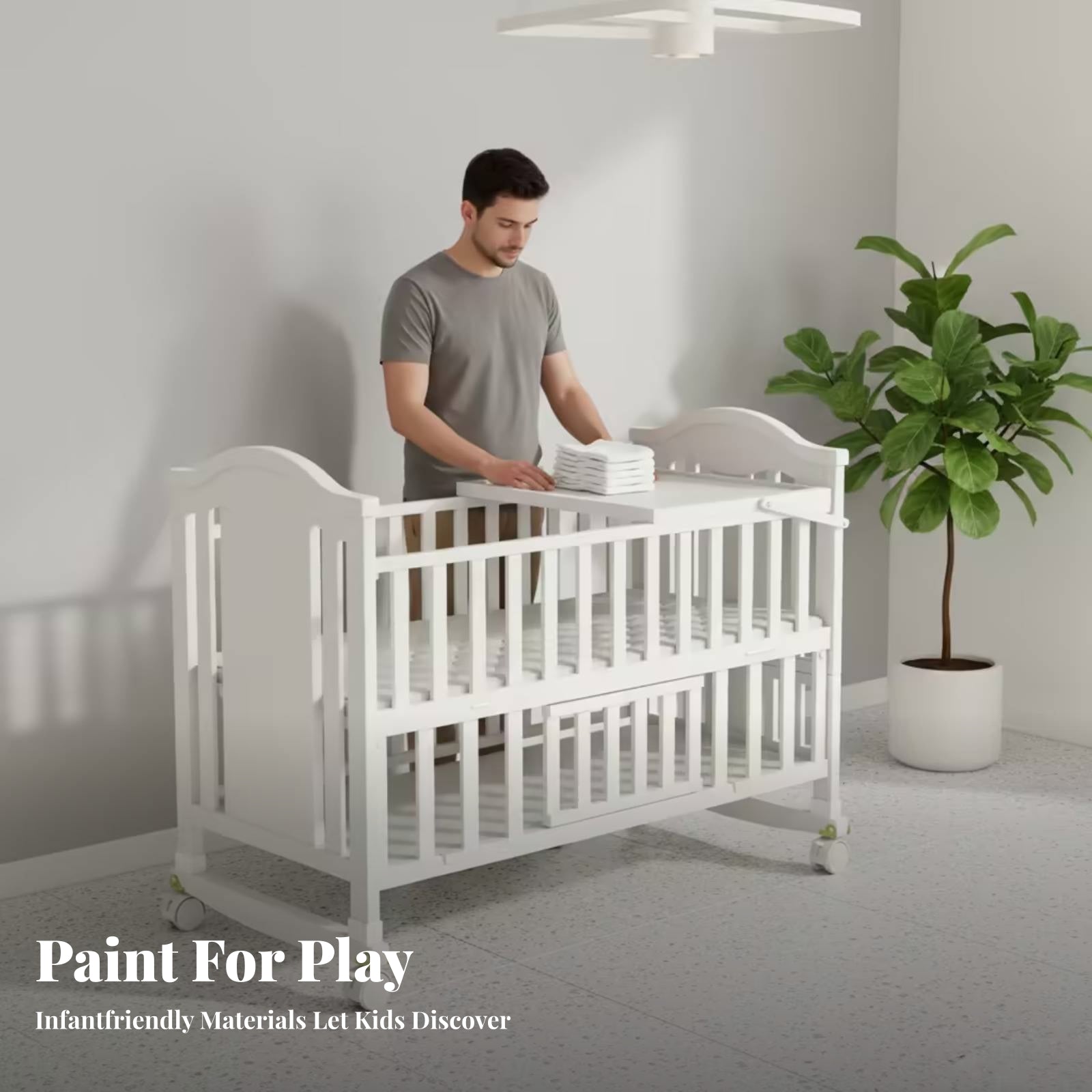White Wooden Baby Crib Wheeled Crib on Wheels Mattress Included Nursery Bed Curved