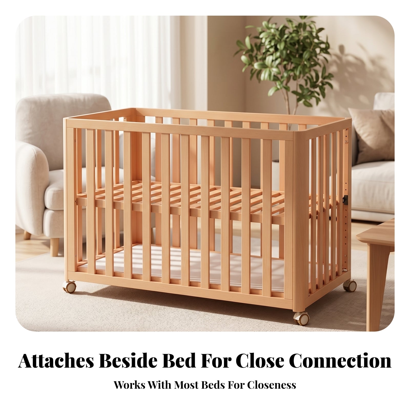 Infant Crib Beech Wood Adjustable Crib Casters for Infants, Young Children