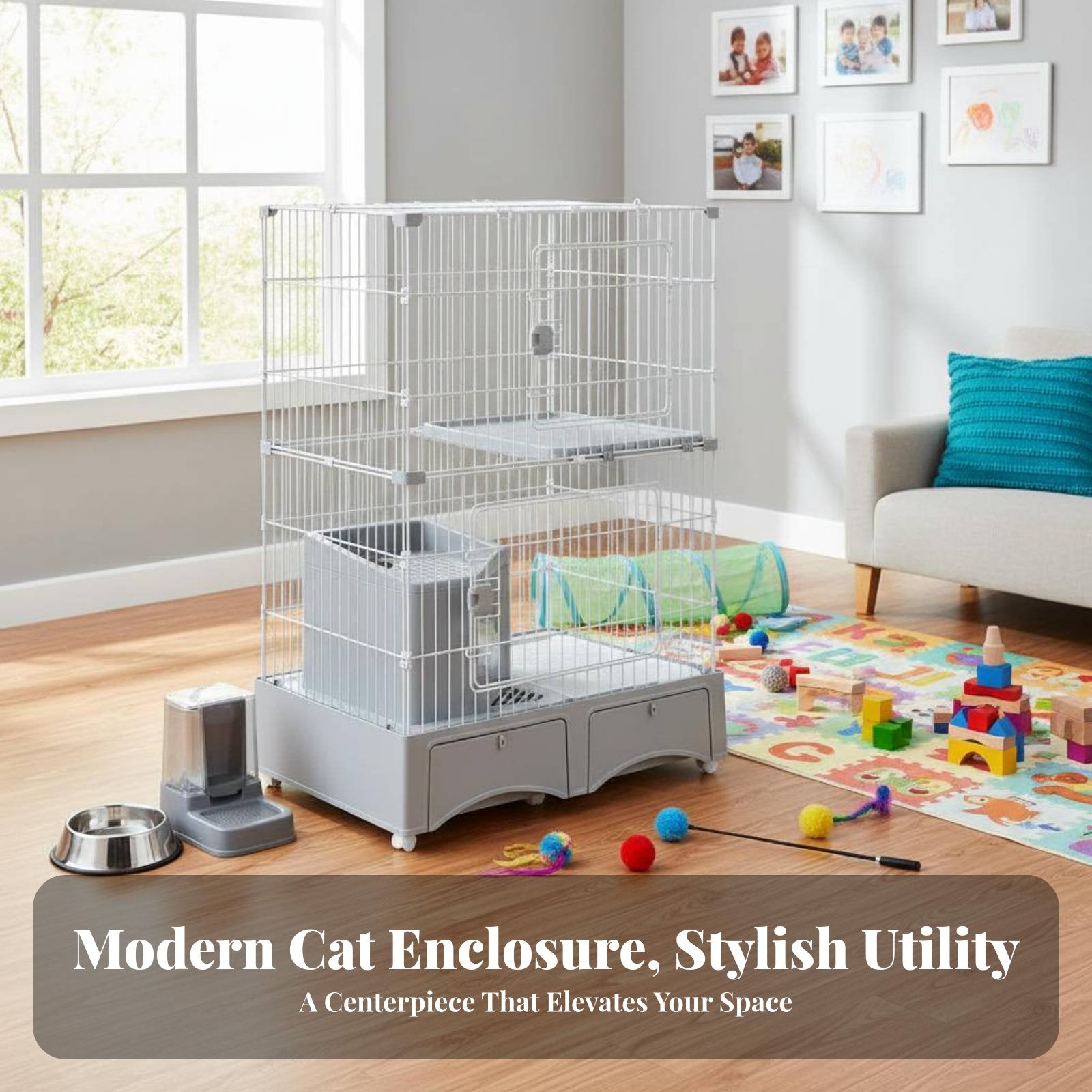 super Large Space 3-Story Cat Kennel with Litter Box Enclosure Spacious Interior Multi-Level Wire Crate Villa design pet Housing Easy to Clean for young cat Owners, Pet Parents, Indoors, Indoor, Living Room, Bedroom