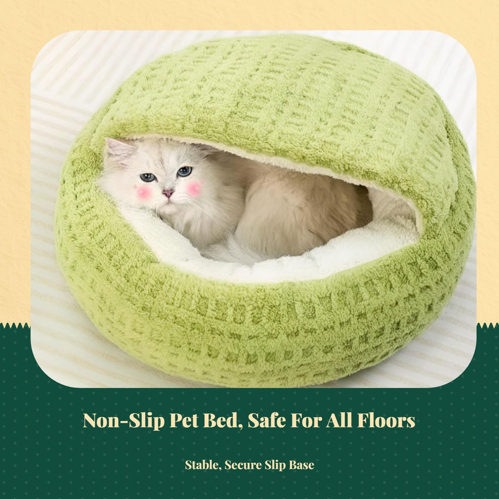 Plush semi-enclosed cat bed, warm, non-slip base, indoor use