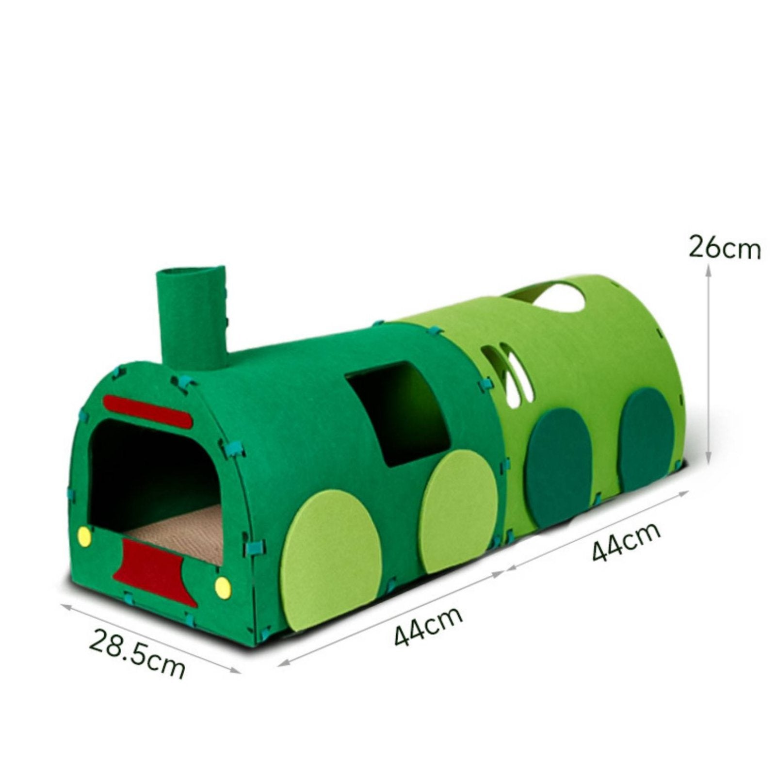 Train Shaped Cat Tunnel 2-in-1 Design Green Train Cat House Multi-Functional Kitten Playhouse for Multiple Cats