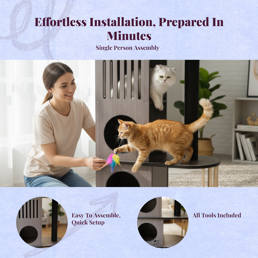 Cat tree with condo, scratching post, and rest area