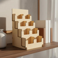 4-Tier Sticker Holder Easy to See Wooden Sticker Rack Wood Finish Step Display Shelf for Countertop