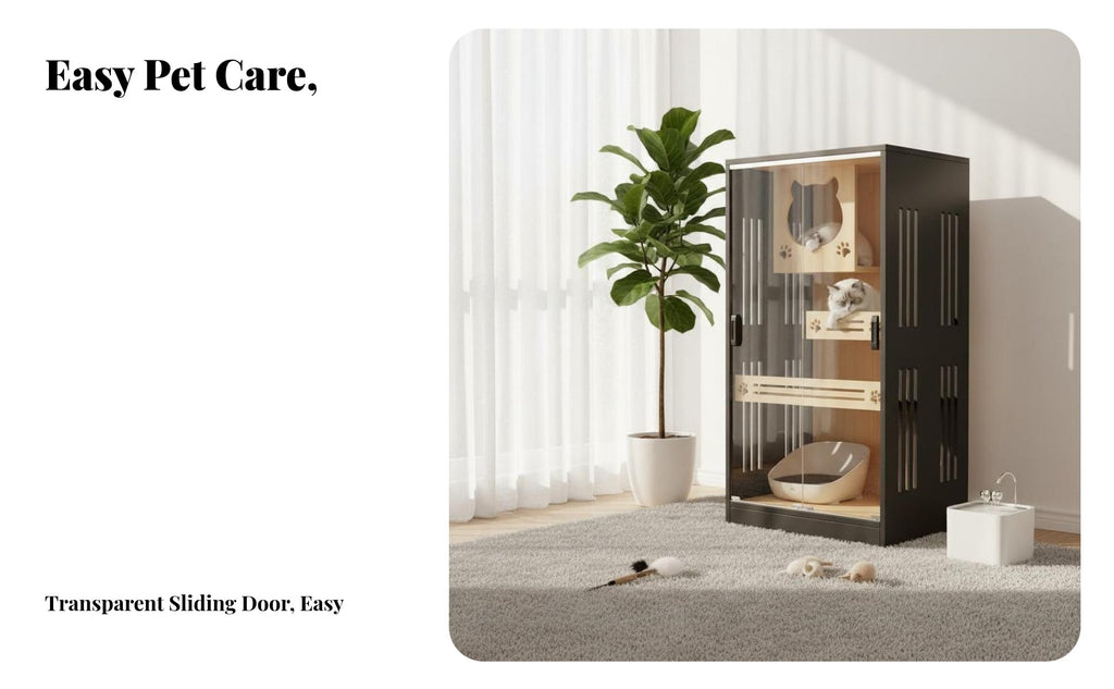 Sliding Doors Multi-Level Feline Cabinet Sturdy Construction Multi-Level Feline House Easy to Clean Pet Furniture Ventilated for Felines, Kittens, Indoors, Living Room, Bedroom, Home
