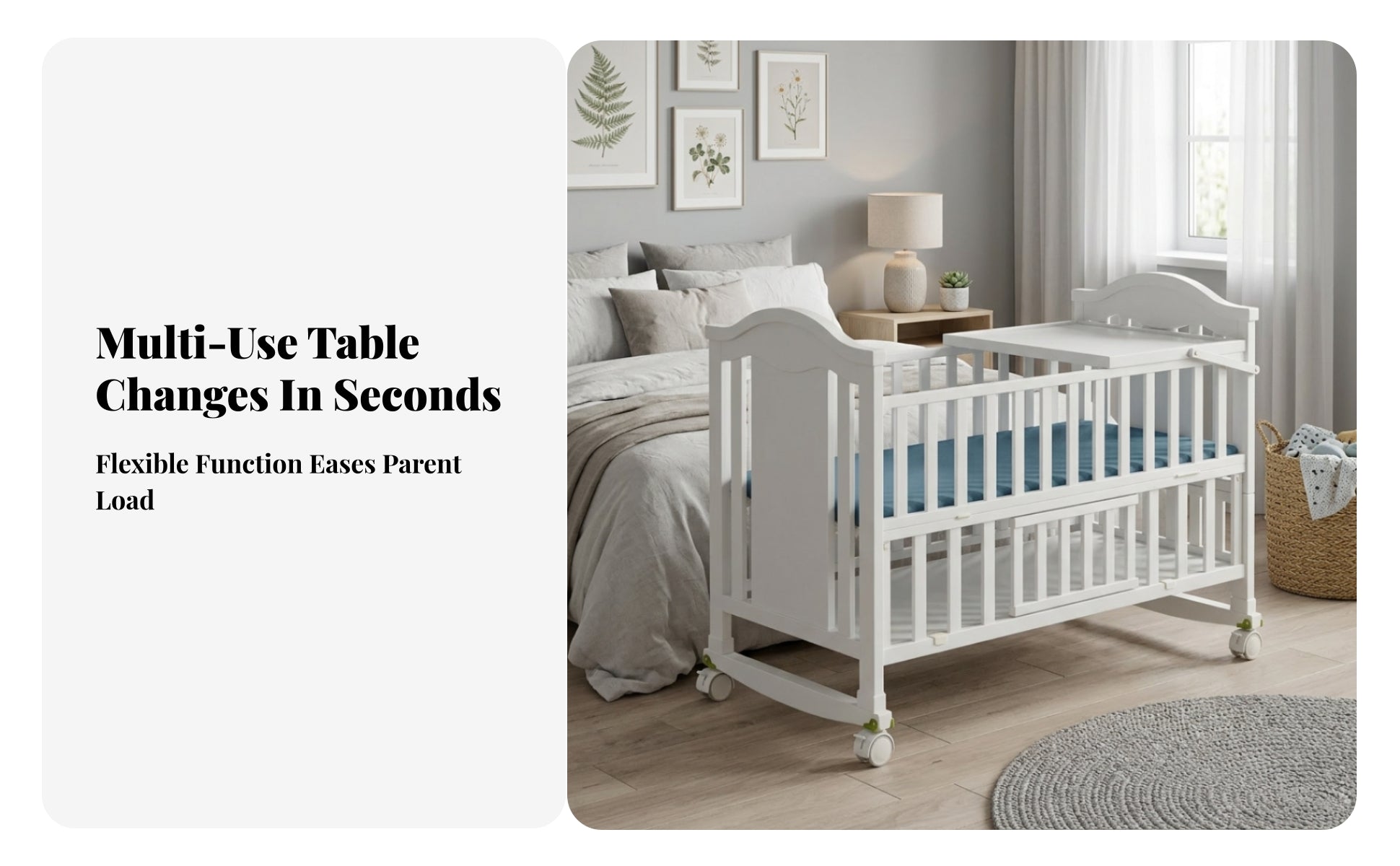 White Wooden Baby Crib Wheeled Crib on Wheels Mattress Included Nursery Bed Curved