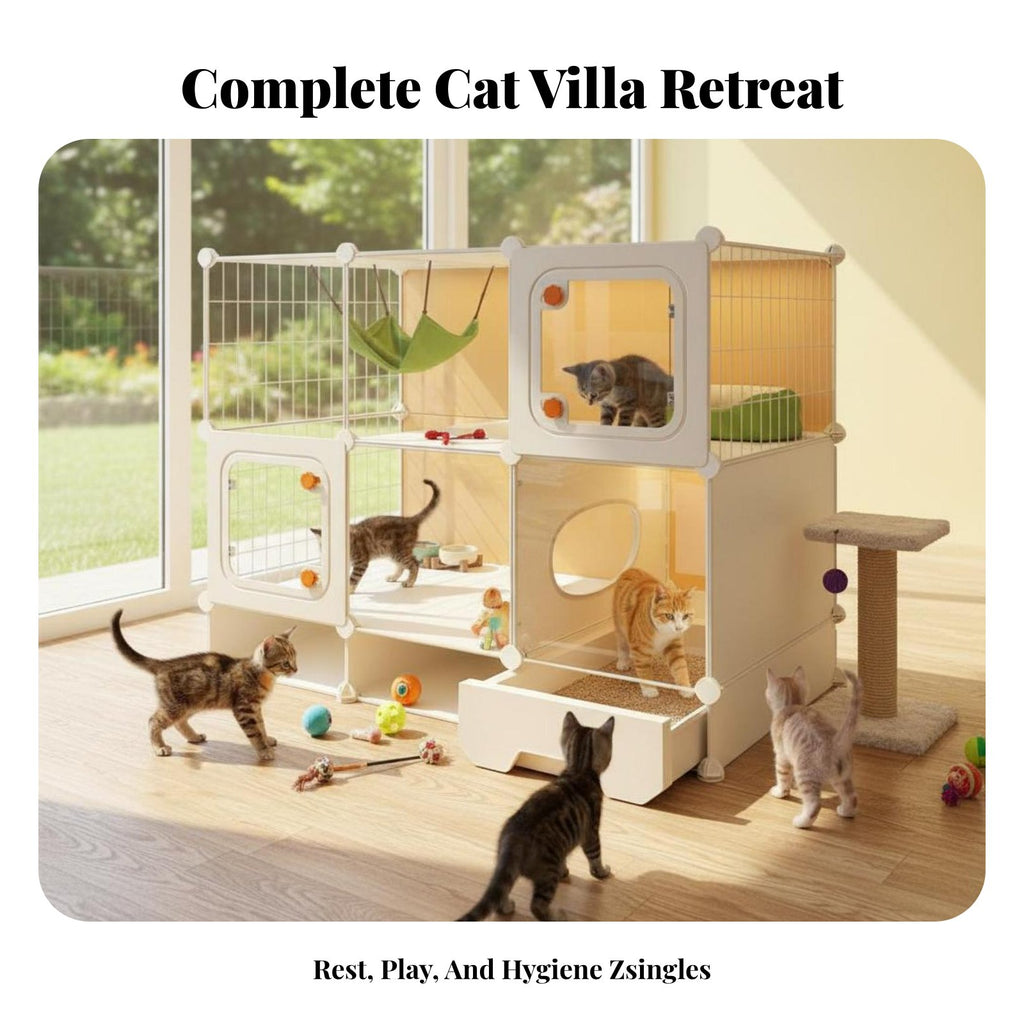 Multi-Level Feline Villa with Integrated Litter Box Spacious Interior