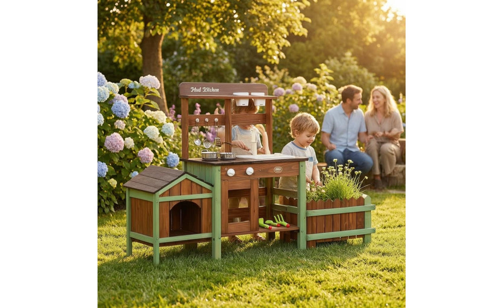 Wooden Outdoor-Pretend Kitchen Planter Box Wood-Look Play Kitchen Round Knobs Infant Toy