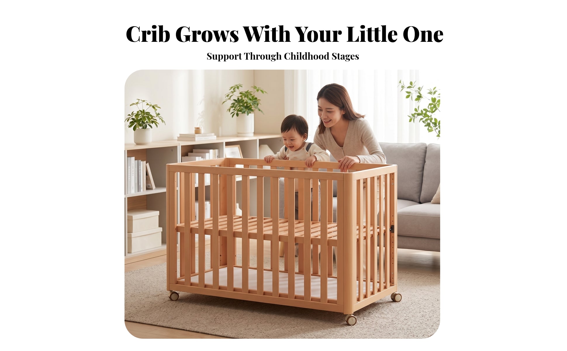Infant Crib Beech Wood Adjustable Crib Casters for Infants, Young Children