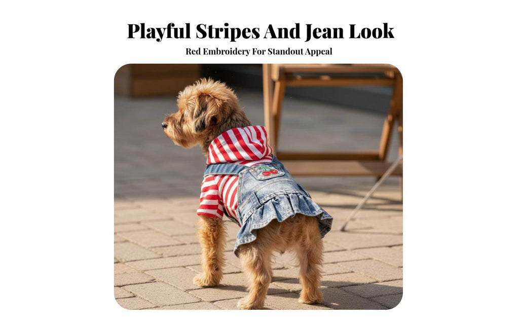 Ruffled Hem Denim Dog Dress Comfortable Fit Puppy Cherry Embroidered Skirt Layered Look for Dogs, Daily Wear, Special Occasions, Parties