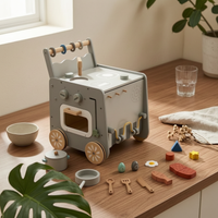 Wooden Play Kitchen Cart Pretend Cooktop Top Rolling Play Kitchen Cart Sink Area for Young Children