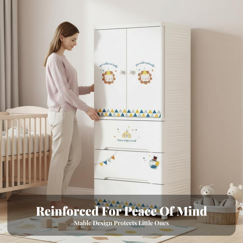 Wheeled kids' wardrobe Rounded Corners Storage Cabinet Cute creature Design Lockable Top Drawer for Children, Infants