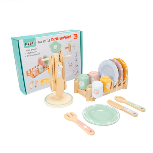 Wooden Dinnerware Set Pastel Painted Play Tableware Set Smooth Rounded Edges Wooden Kitchen Accessories for Kids