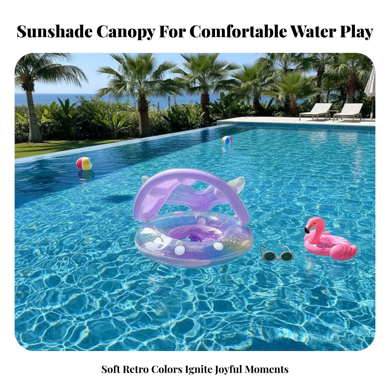 Sun Protection Baby Swim Buoy with Canopy Retro Aesthetic Sunshade Swimming Circle Color Block Design for Babies, Beach, Outdoor