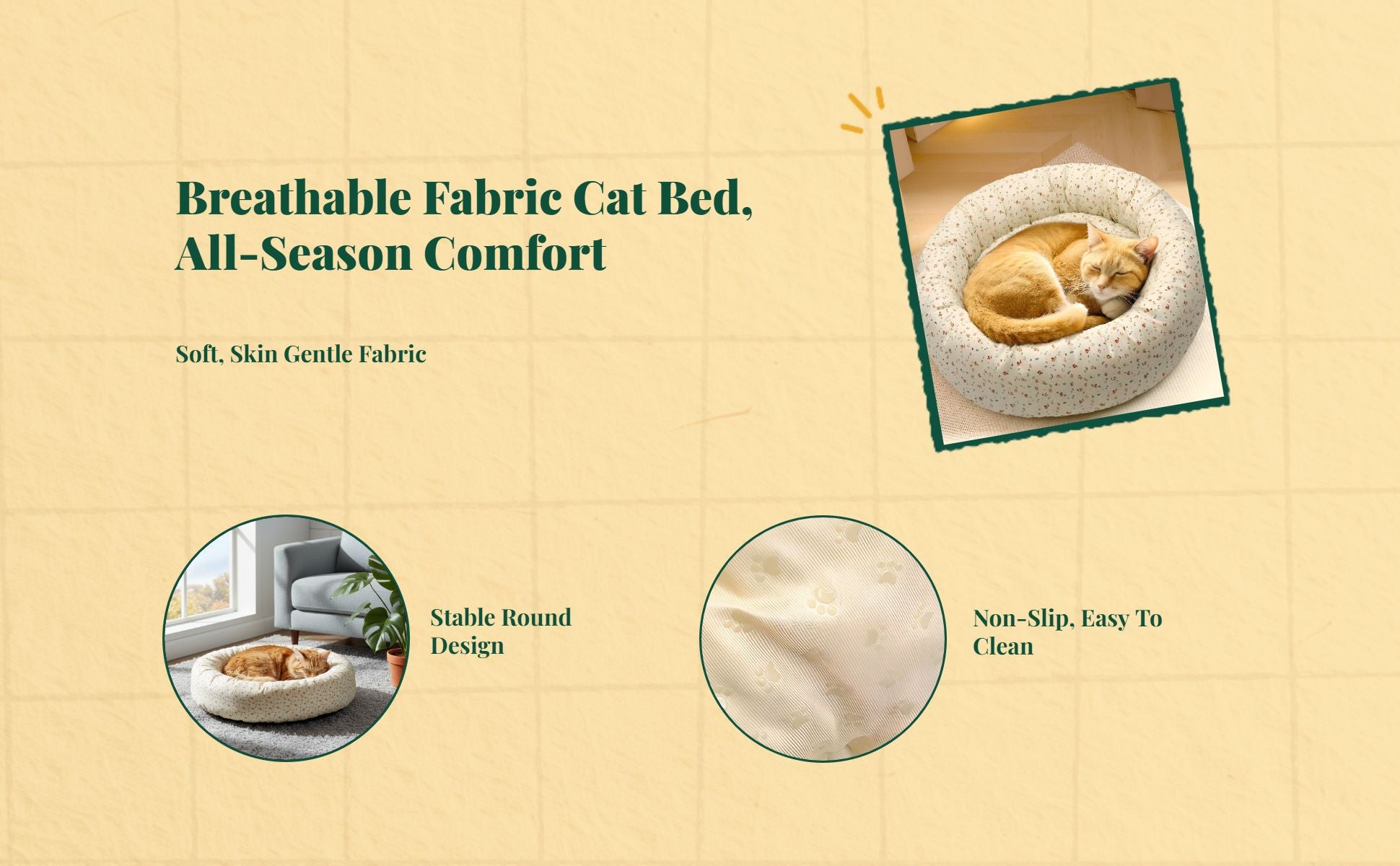 Cat Bed, Round Washable Non-Slip Mat, Cozy Calming Pet Bed
