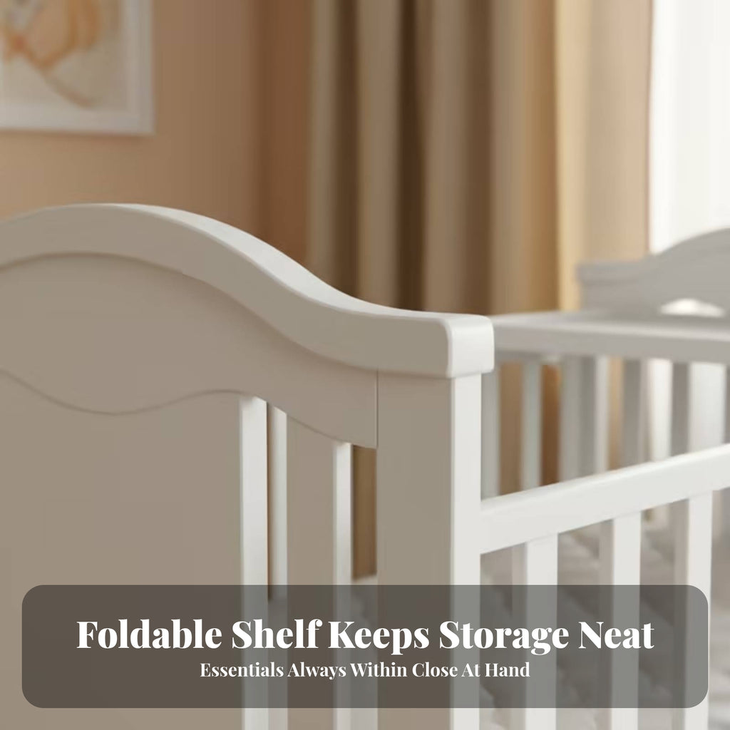 White Wooden Baby Crib Wheeled Crib on Wheels Mattress Included Nursery Bed Curved