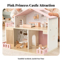 Wooden Dollhouse Balcony Railings Two-Story Dollhouse Realistic Details Children's Play Home