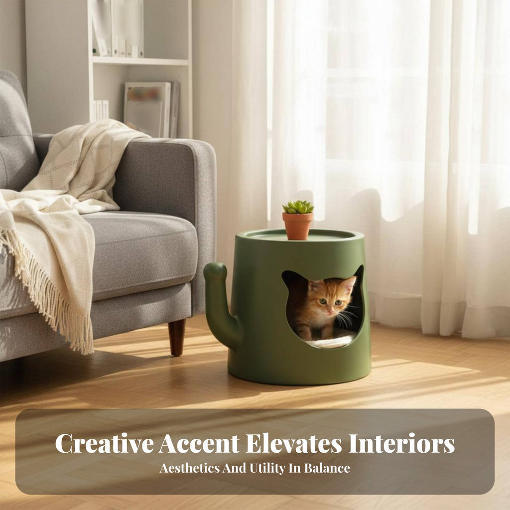 Feline Cave End Table 2-in-1 Design Enclosed Feline Bed Table Spacious Interior