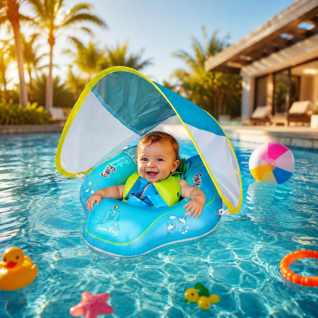 Baby Swim Buoyant Device with Canopy Foldable Young Child Swim Loop Long-Lasting