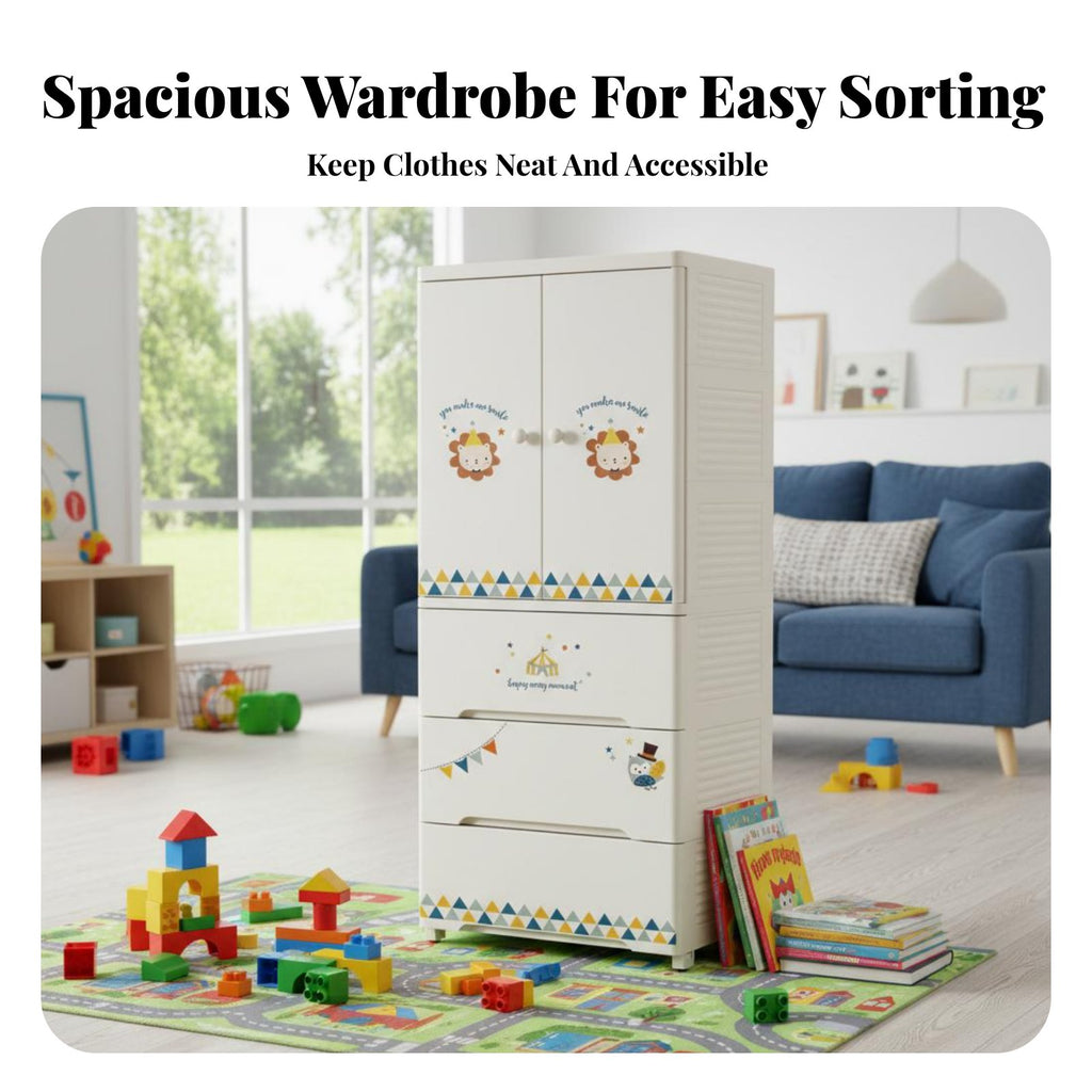 Wheeled kids' wardrobe Rounded Corners Storage Cabinet Cute creature Design Lockable Top Drawer for Children, Infants