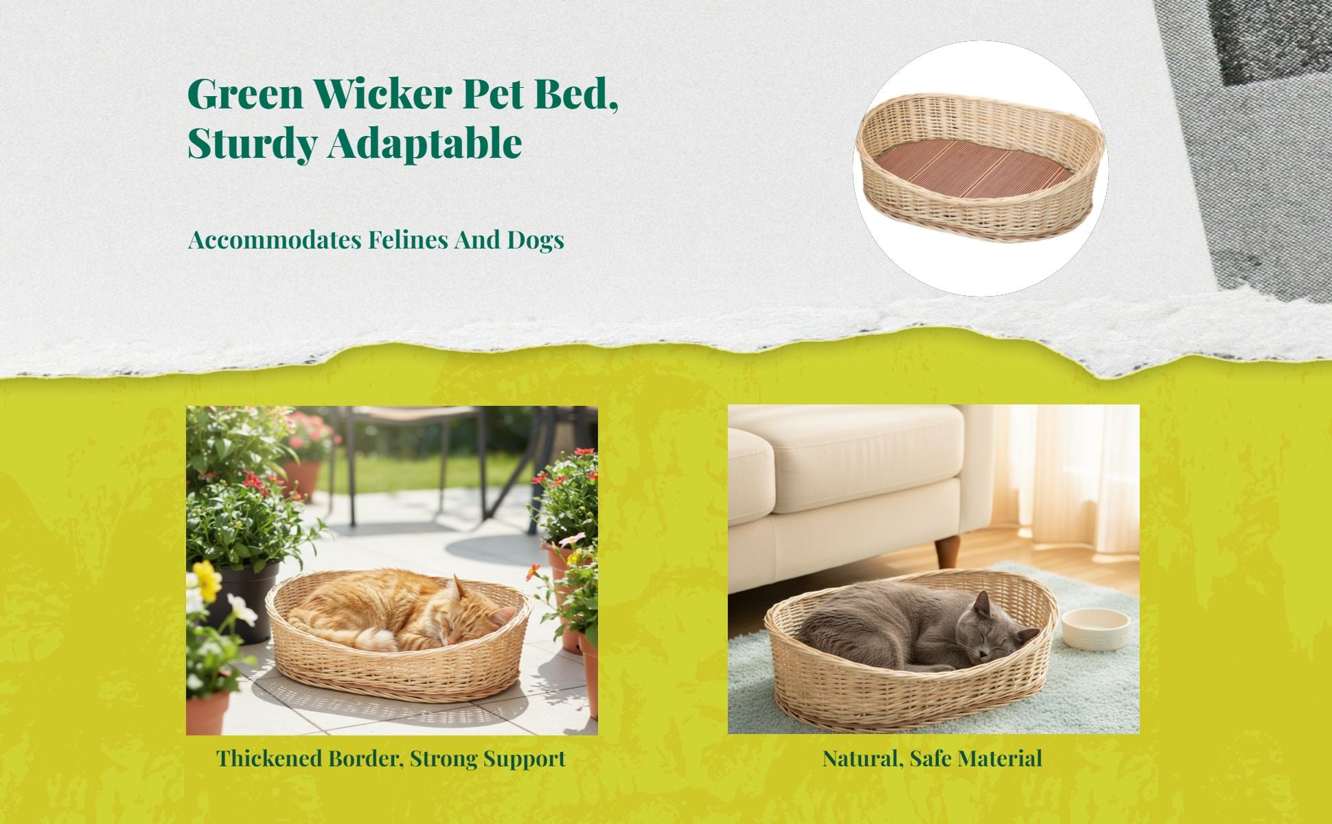 Rattan Pet Bed, Cooling Cat Cave, Removable Pad, Cleanable