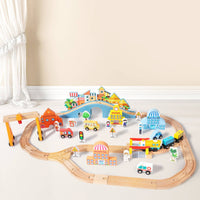 Electric Toy Train Set Educational Wood Train Track and Buildings Set Imaginative Play Wooden Railway Playset for Young Children, Playroom, Preschool
