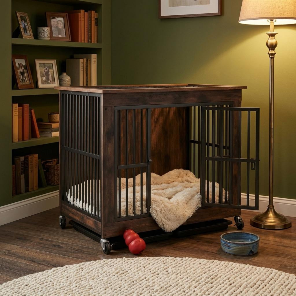 Dog Crate Furniture Space Saving Wood Metal Dog Crate Anti Getaway