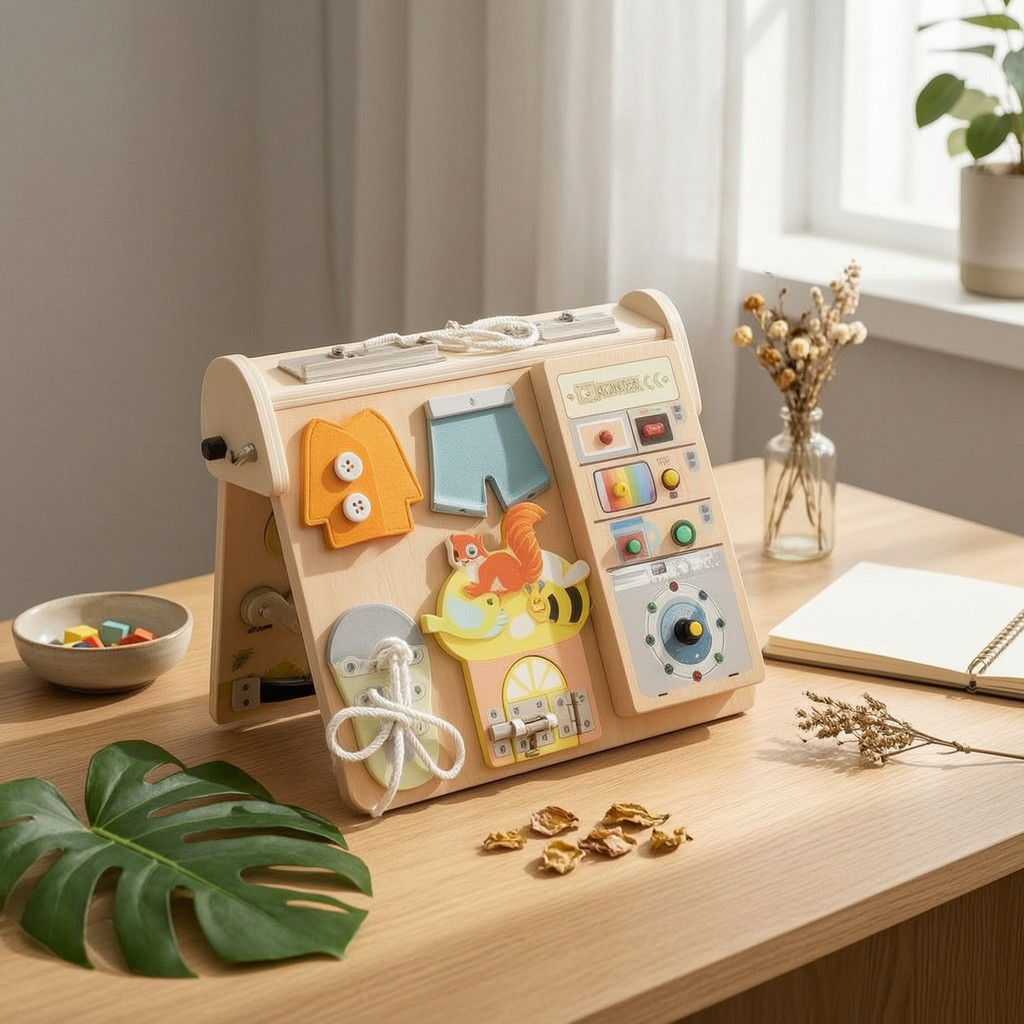 Four in a Busy Board Fine Motor Skills LED Busy Board Hand-Eye Coordination for Kids, Playroom, Car Ride
