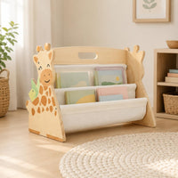 Giraffe Book Rack Natural Wood Finish Wooden Kids Bookshelf Cutout Side Panels